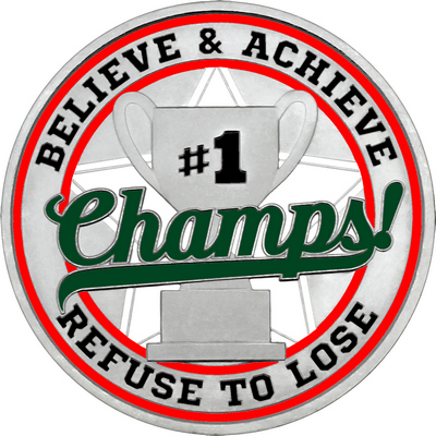 Dark Green "Champs!" with Red Outer Circular Borders